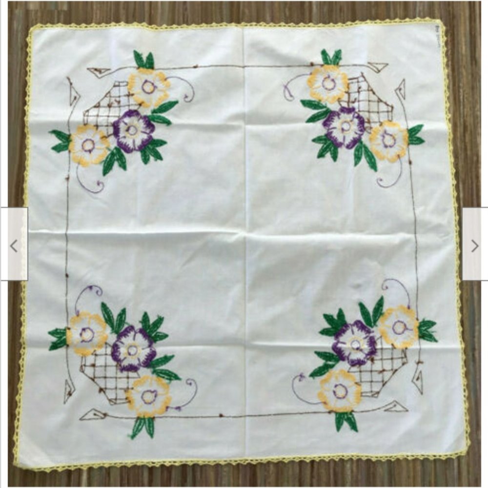 Hand Embroidered White Cotton Tablecloth Vintage Pansy Flower Design 29x30"